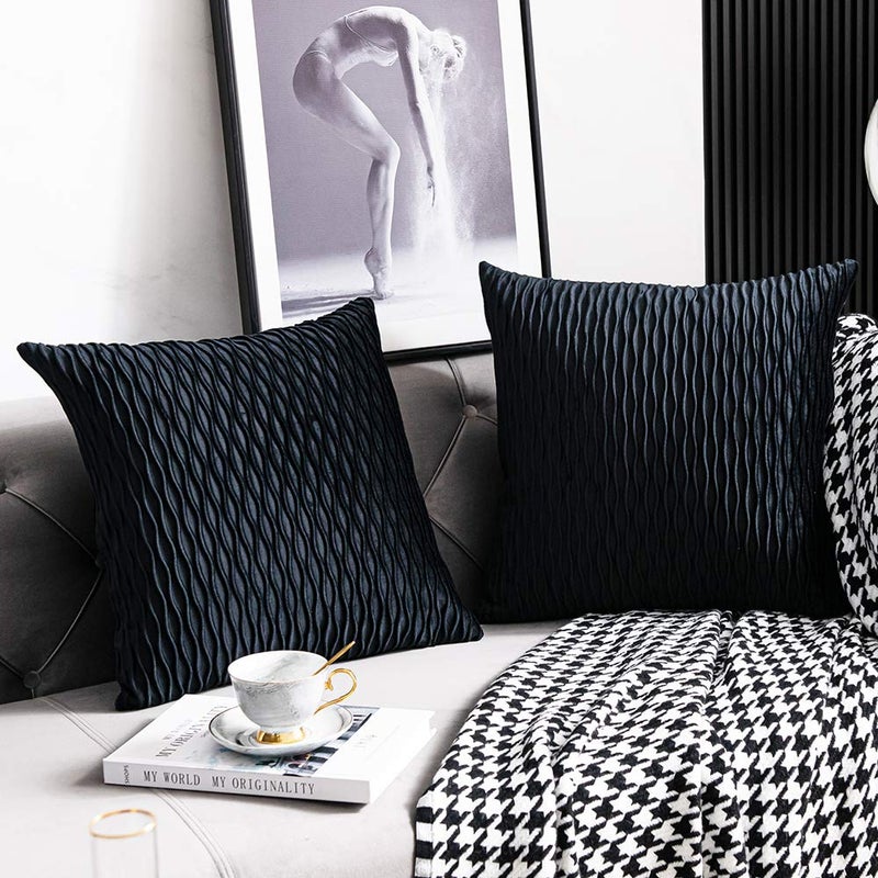 DEZENE Black Striped Decorative Pillow Covers: 2 Pack 16x16 Inch Original Velvet Square Throw Pillow Cases for Farmhouse Couch - Image 2